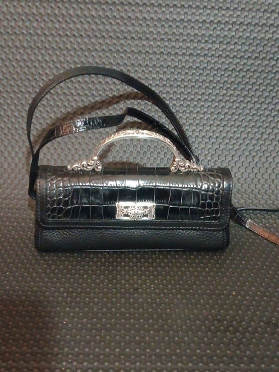 Handbags - Black Croc-Embossed Leather Shoulder Bag with Silver Hardware